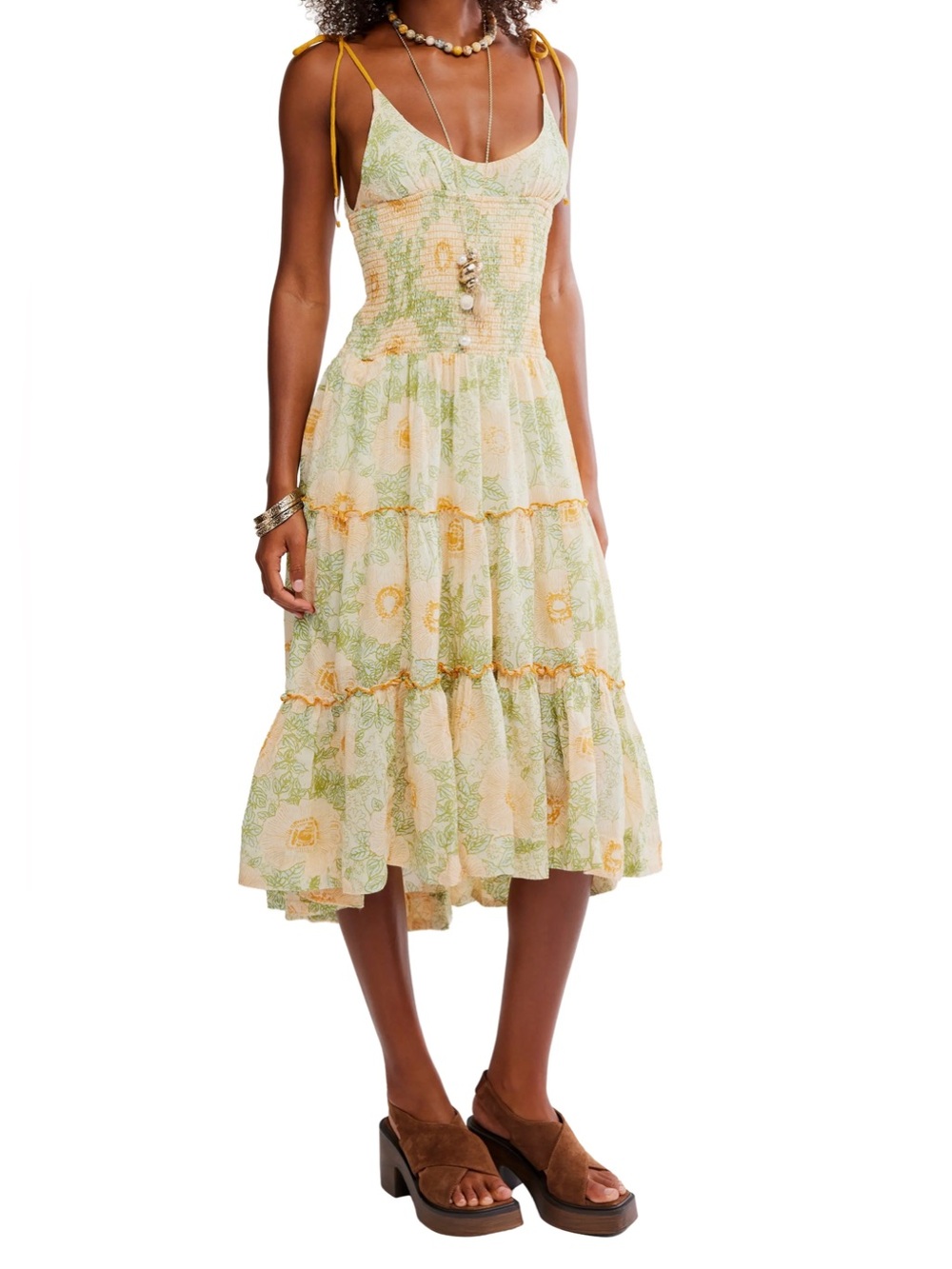 Free People Adriel Tie Strap Tiered Midi Dress Cream Green Size XL NWT